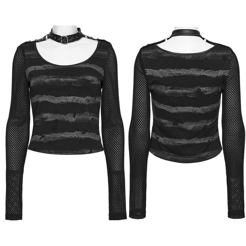 PUNK RAVE Women's Punk Buckle-up strap Mesh Splice Printed T-shirt Black-Grey