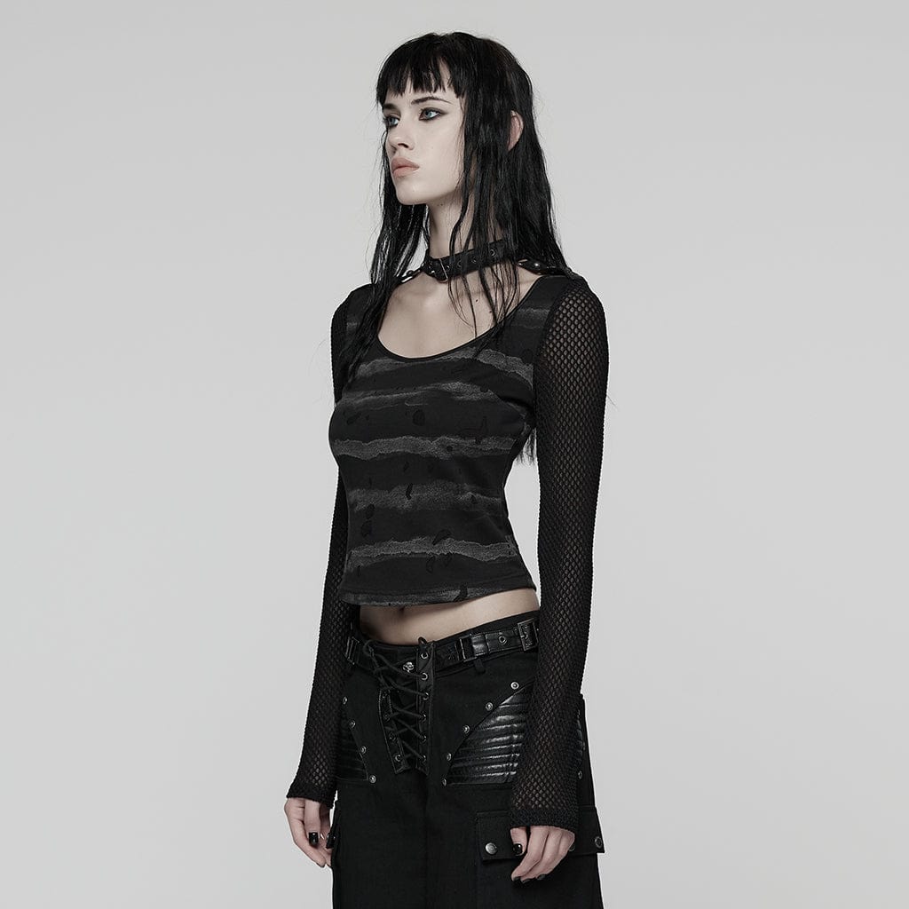 PUNK RAVE Women's Punk Buckle-up strap Mesh Splice Printed T-shirt Black-Grey