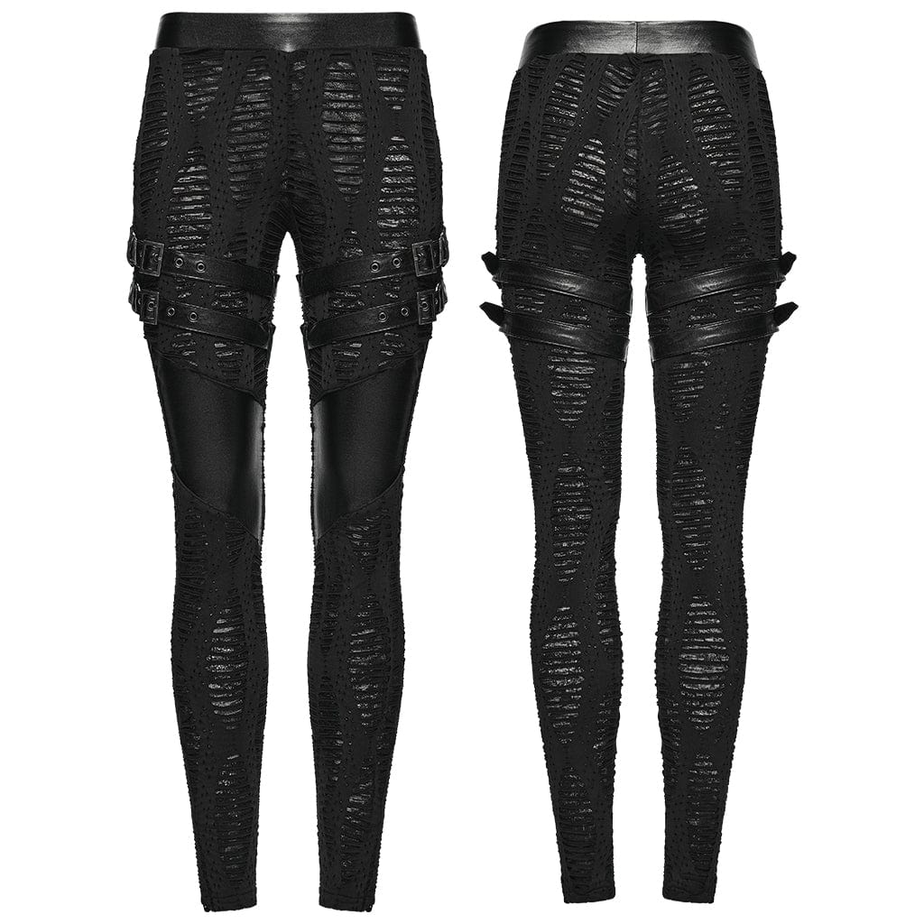 PUNK RAVE Women's Punk Buckle-up Strap Ripped Pants