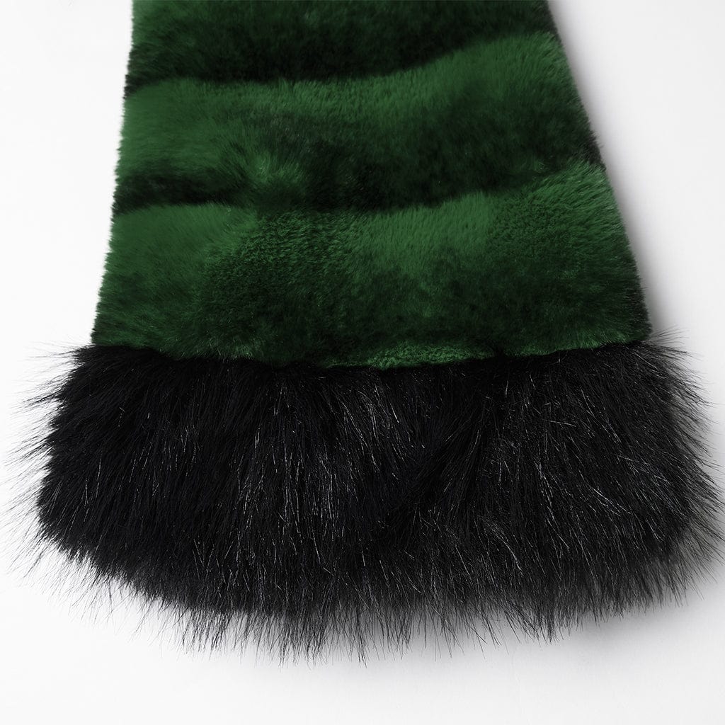 PUNK RAVE Women's Punk Buckle-up Strap Stand Collar Faux Fur Short Cape Green
