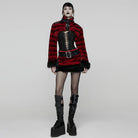 PUNK RAVE Women's Punk Buckle-up Strap Stand Collar Faux Fur Short Cape Red