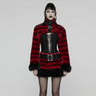 PUNK RAVE Women's Punk Buckle-up Strap Stand Collar Faux Fur Short Cape Red
