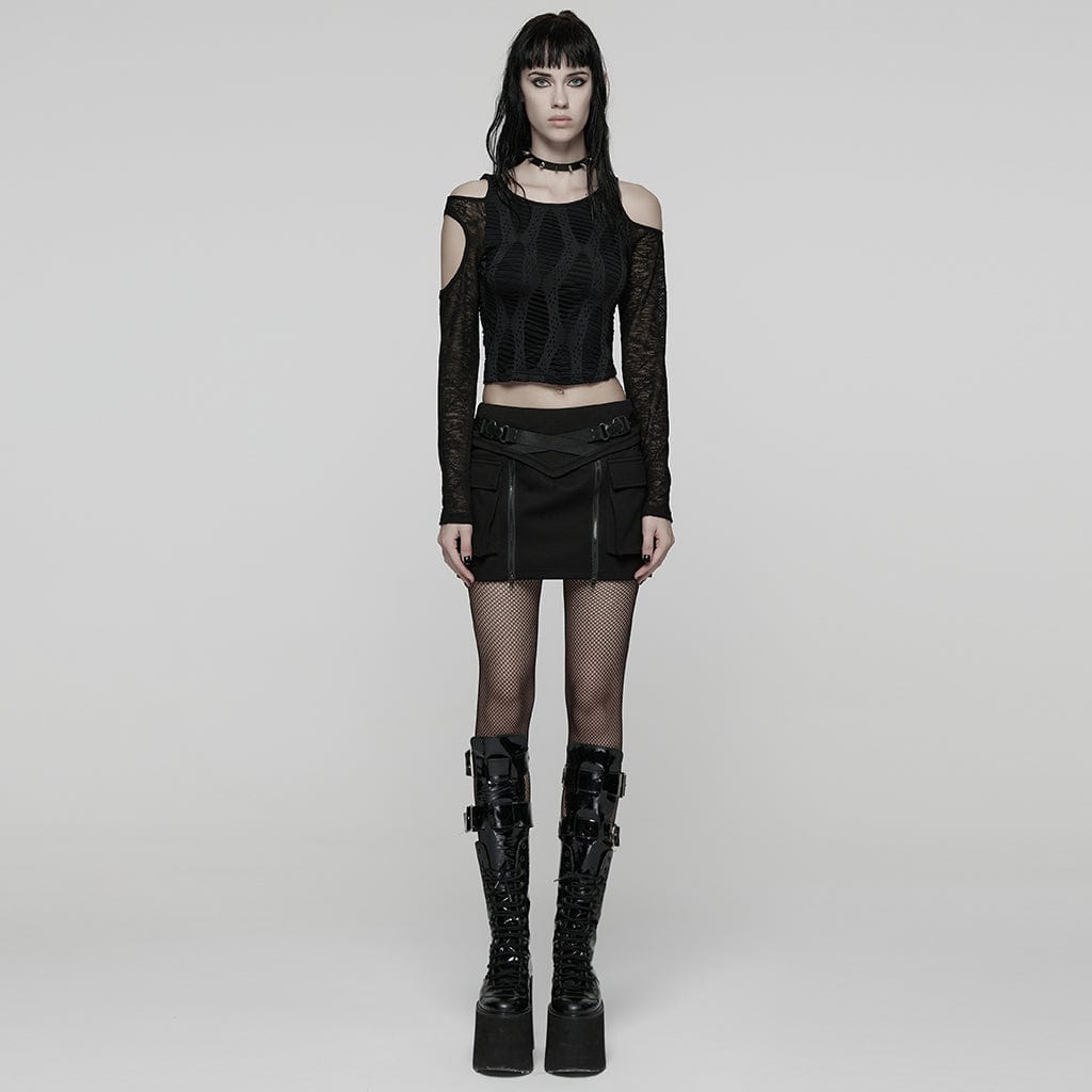 PUNK RAVE Women's Punk Buckle-up Zip Big Pockets Techwear Skirt