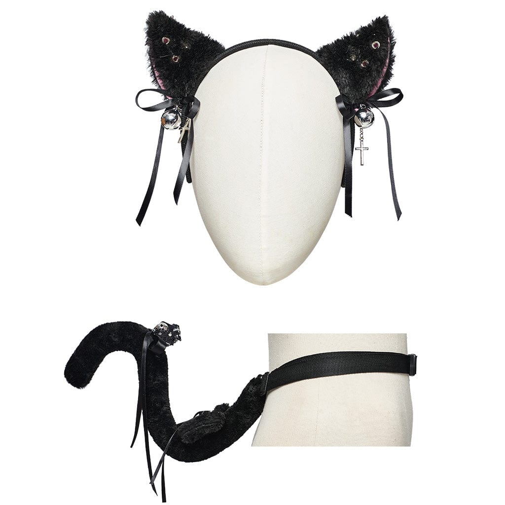 PUNK RAVE Women's Punk Cat Ears Fluffy Headwear and Waistbelt