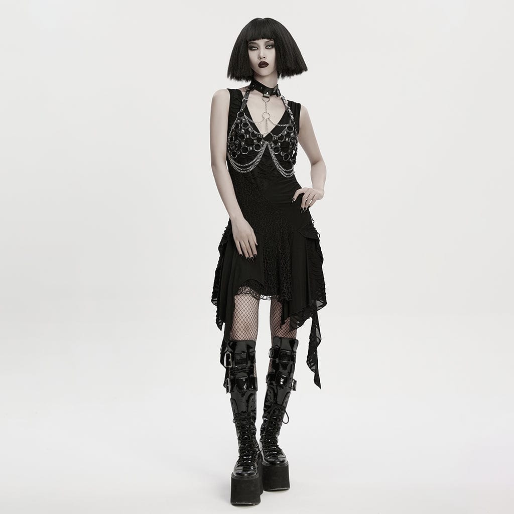PUNK RAVE Women's Punk Chain Faux Leather Weaving Halterneck Body Harness