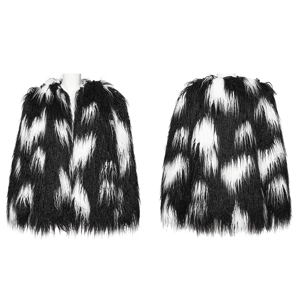 PUNK RAVE Women's Punk Contrast Color Faux Fur Coat Black-white