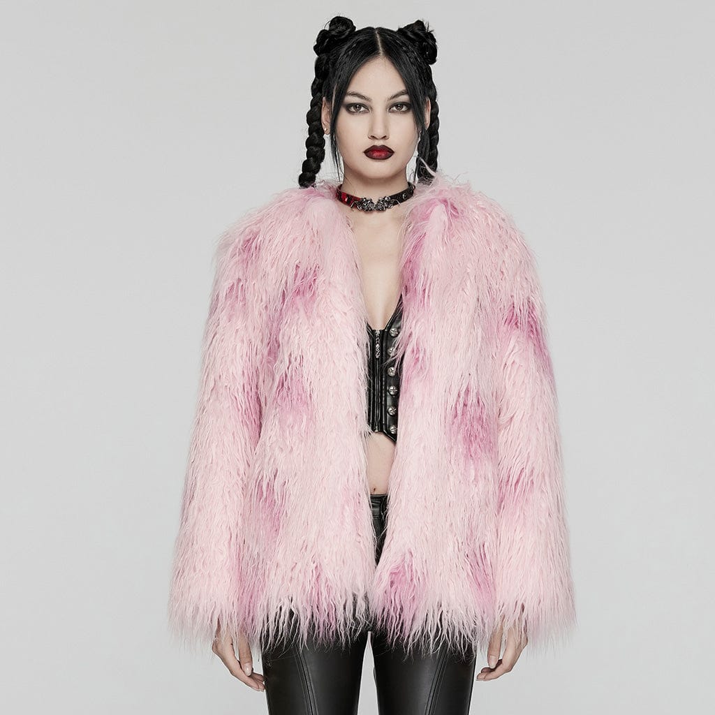 PUNK RAVE Women's Punk Contrast Color Faux Fur Coat Pink