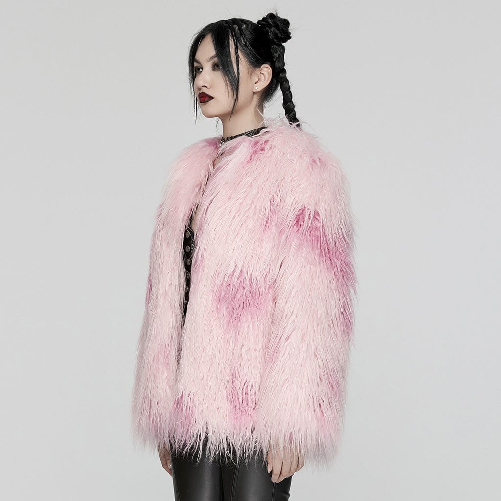 PUNK RAVE Women's Punk Contrast Color Faux Fur Coat Pink