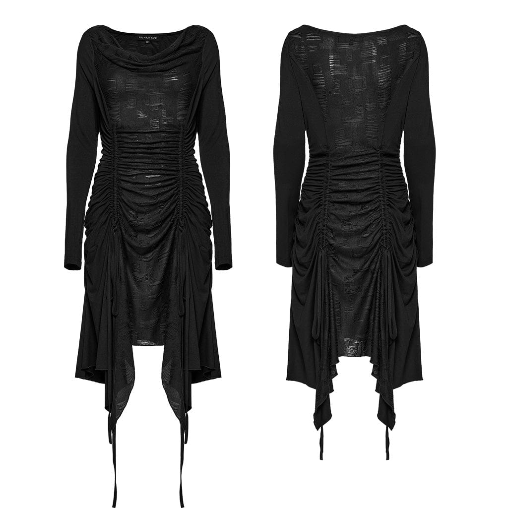 PUNK RAVE Women's Punk Cowl Neck Drawstring Honeymoon Dress Black