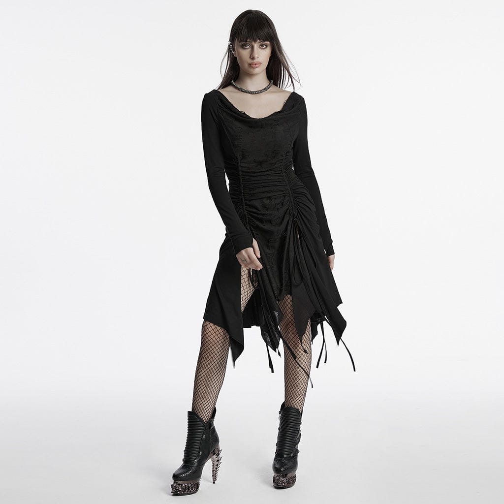 PUNK RAVE Women's Punk Cowl Neck Drawstring Honeymoon Dress Black