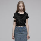 PUNK RAVE Women's Punk Cowl Neck Ruched Shirt with Hood