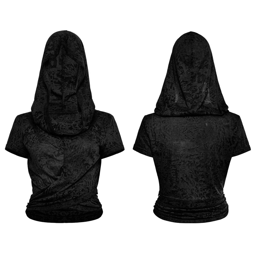 PUNK RAVE Women's Punk Cowl Neck Ruched Shirt with Hood