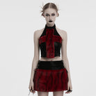 PUNK RAVE Women's Punk Cross Faux Fur Splice Faux Leather Vest