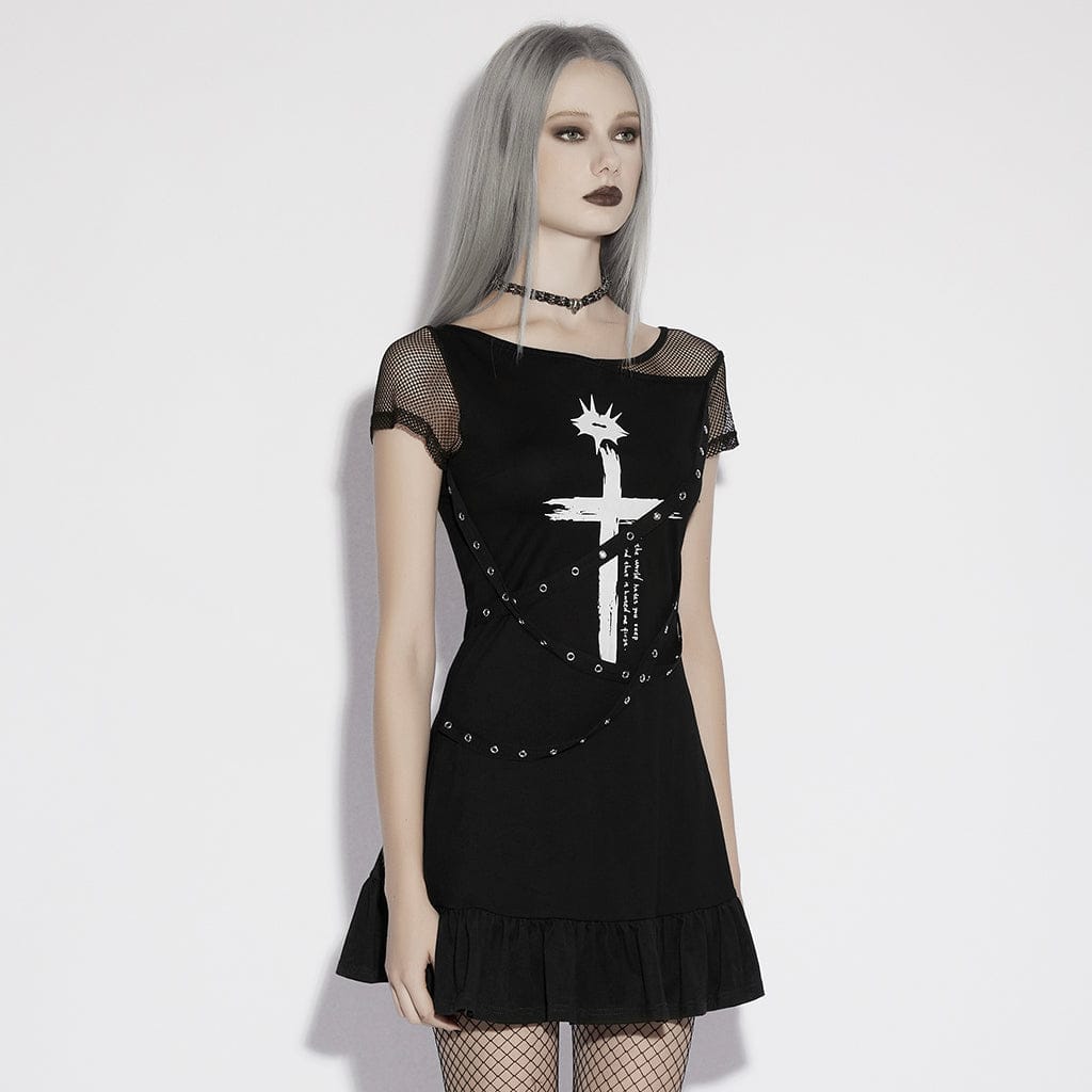 PUNK RAVE Women's Punk Cross Lip Printed Eyelet Straps Short Sleeved Dress