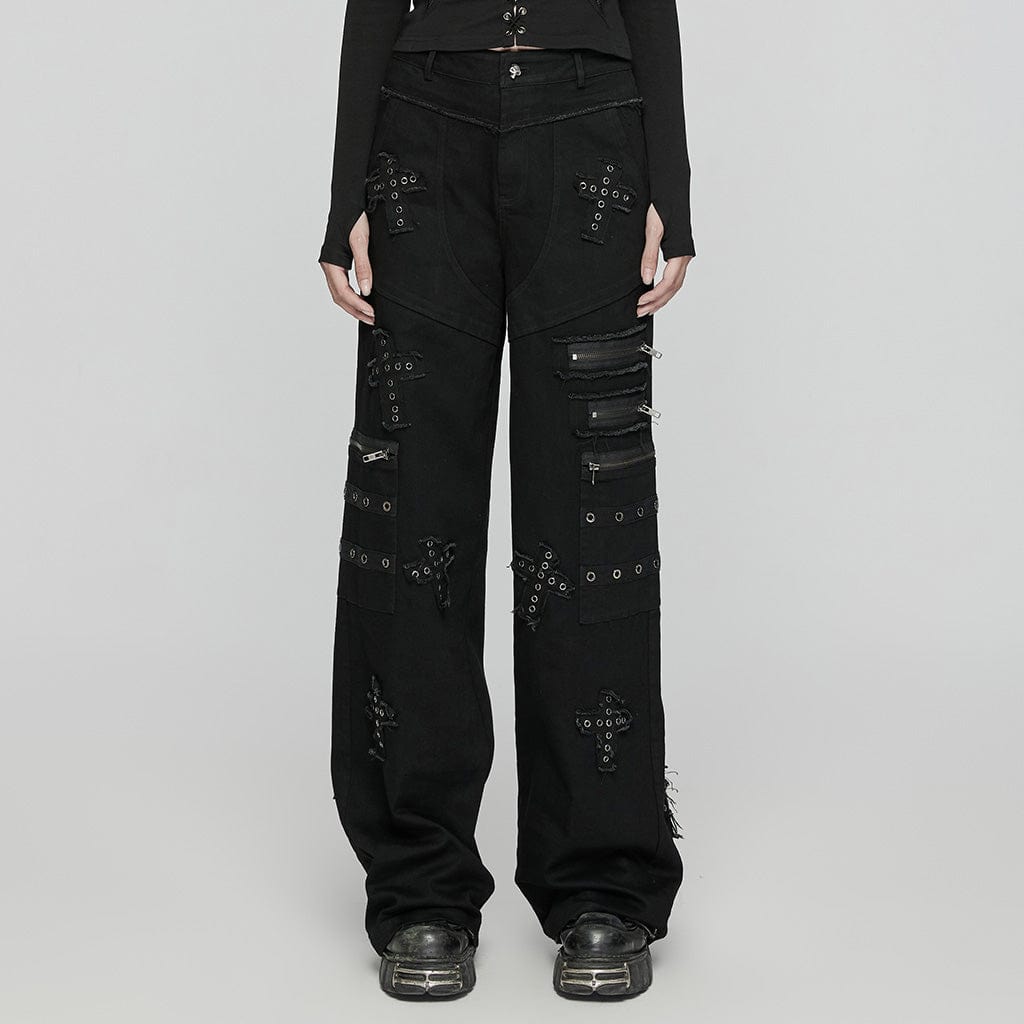 PUNK RAVE Women's Punk Cross Patch Big-pocket Denim Pants