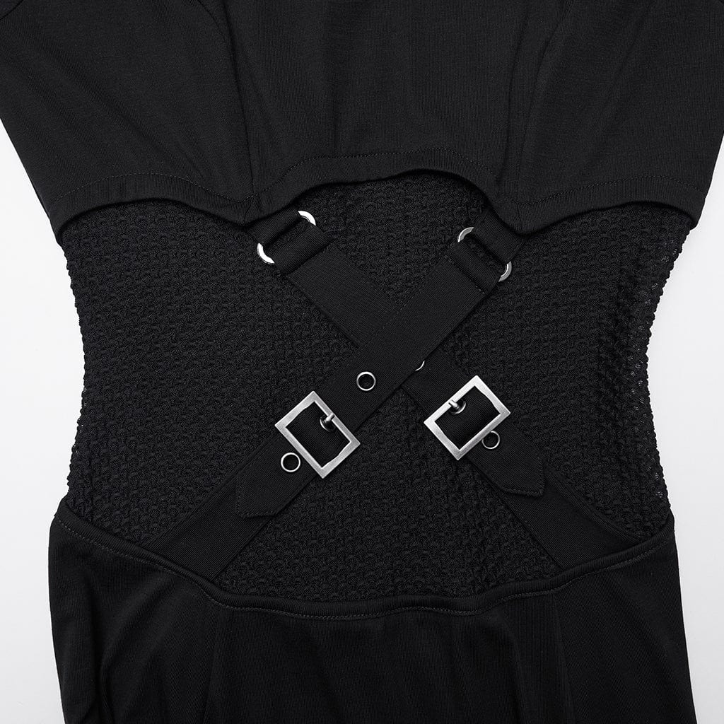PUNK RAVE Women's Punk Cutout Buckle Strap Hooded Dress