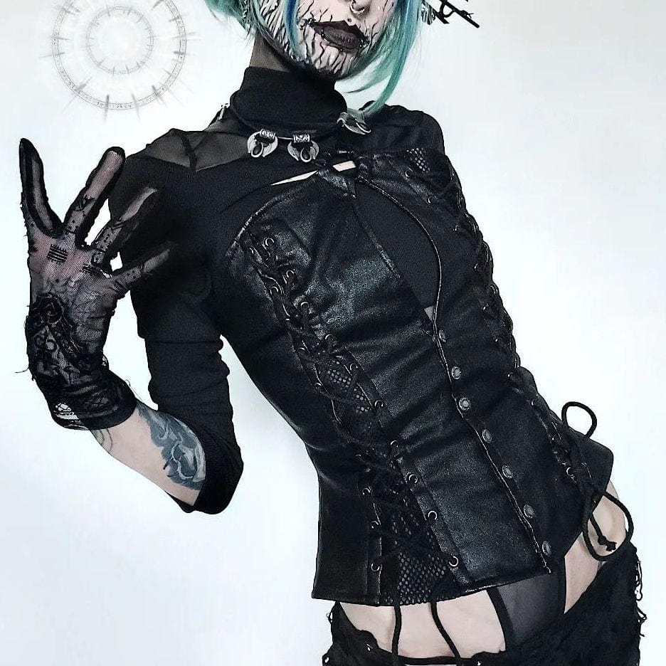 PUNK RAVE Women's Punk Cutout Lace-Up Buckle Tank Top