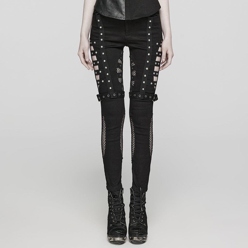 PUNK RAVE Women's Punk Cutout Mesh Eyelet Jeans