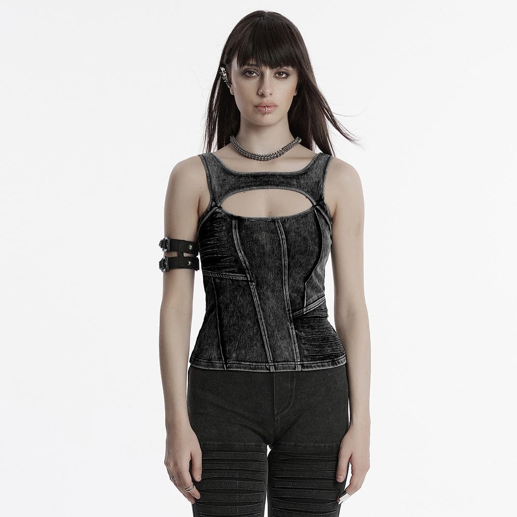 PUNK RAVE Women's Punk Cutout Ripped Distressed Vest