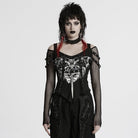 PUNK RAVE Women's Punk Cutout Skull Printed Mesh Splice Shirt