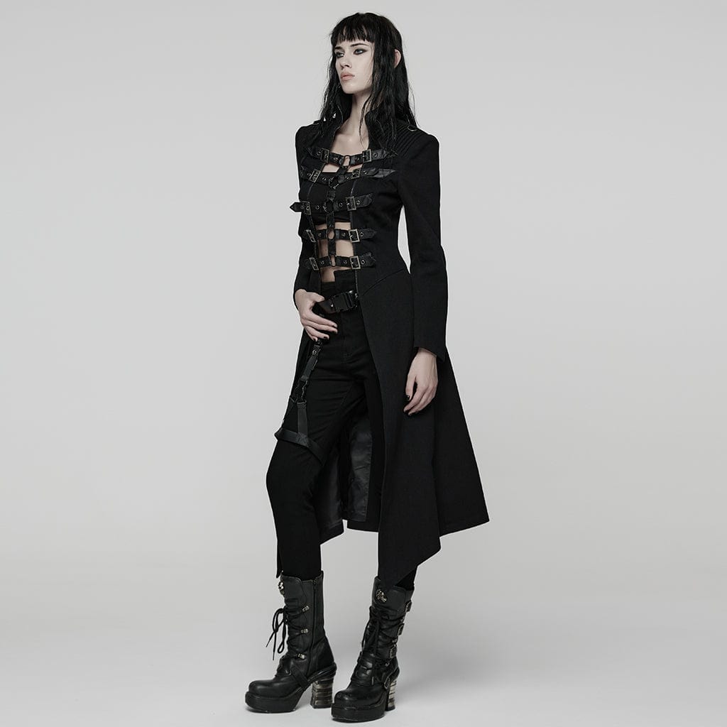 PUNK RAVE Women's Punk Detachable Mesh Lace-up Buckle Strap Coat