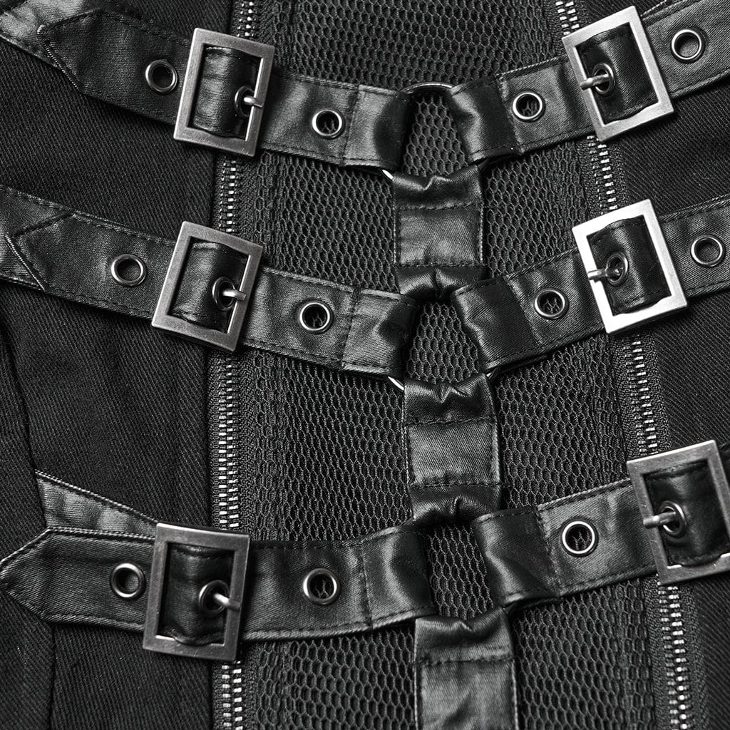 PUNK RAVE Women's Punk Detachable Mesh Lace-up Buckle Strap Coat