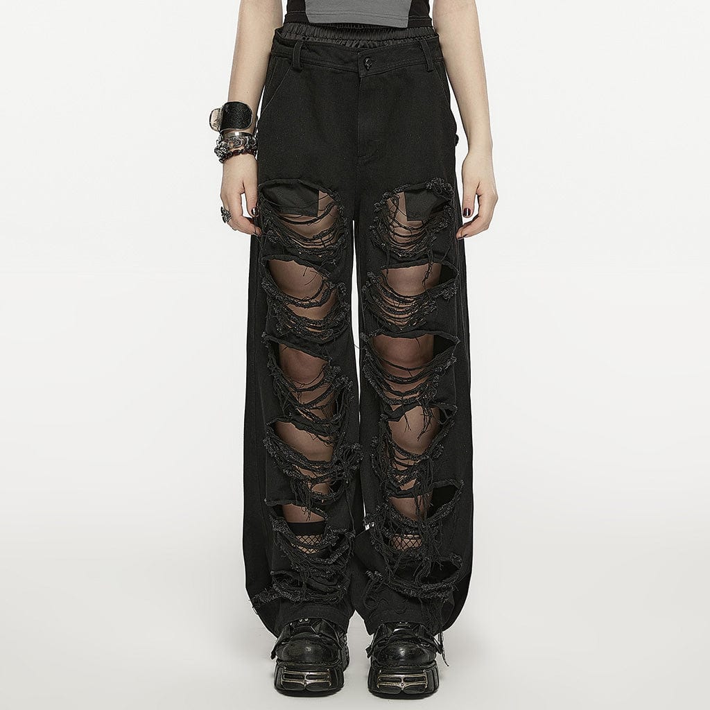 PUNK RAVE Women's Punk Double-waisted Ripped Pants