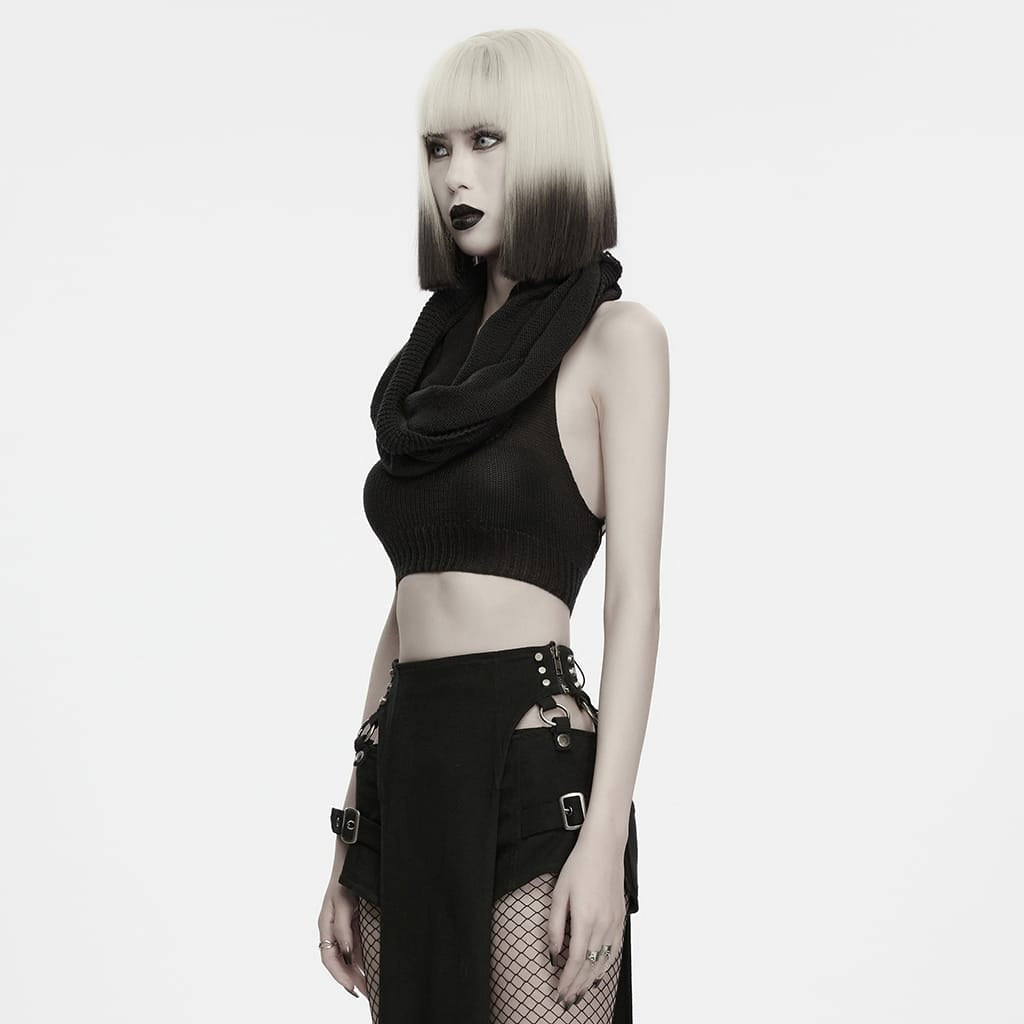 PUNK RAVE Women's Punk Draped Neck Hooded Sweater