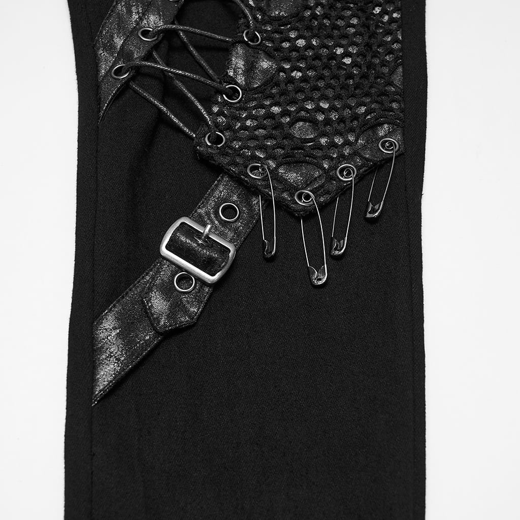 PUNK RAVE Women's Punk Eyelet Lace-up Pin Buckle Strap Skinny Pants