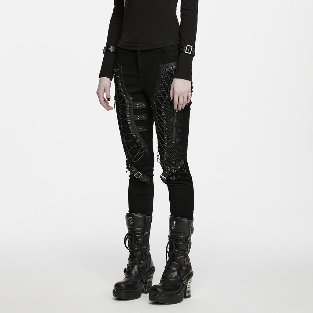 PUNK RAVE Women's Punk Eyelet Lace-up Pin Buckle Strap Skinny Pants