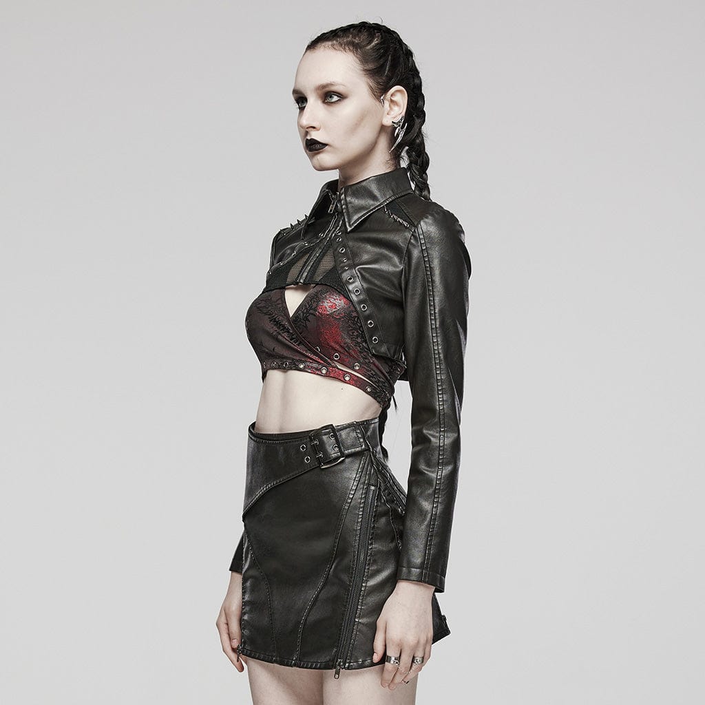 PUNK RAVE Women's Punk Eyelet Mesh Faux Leather Short Jacket