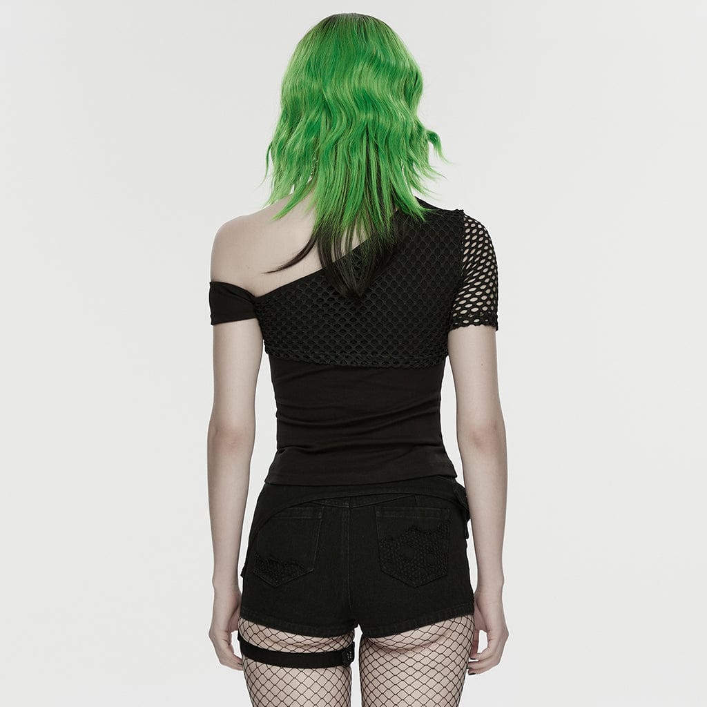 PUNK RAVE Women's Punk Eyelet Mesh Splice Slant Shoulder Shirt