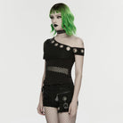 PUNK RAVE Women's Punk Eyelet Mesh Splice Slant Shoulder Shirt