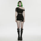 PUNK RAVE Women's Punk Eyelet Mesh Splice Slant Shoulder Shirt