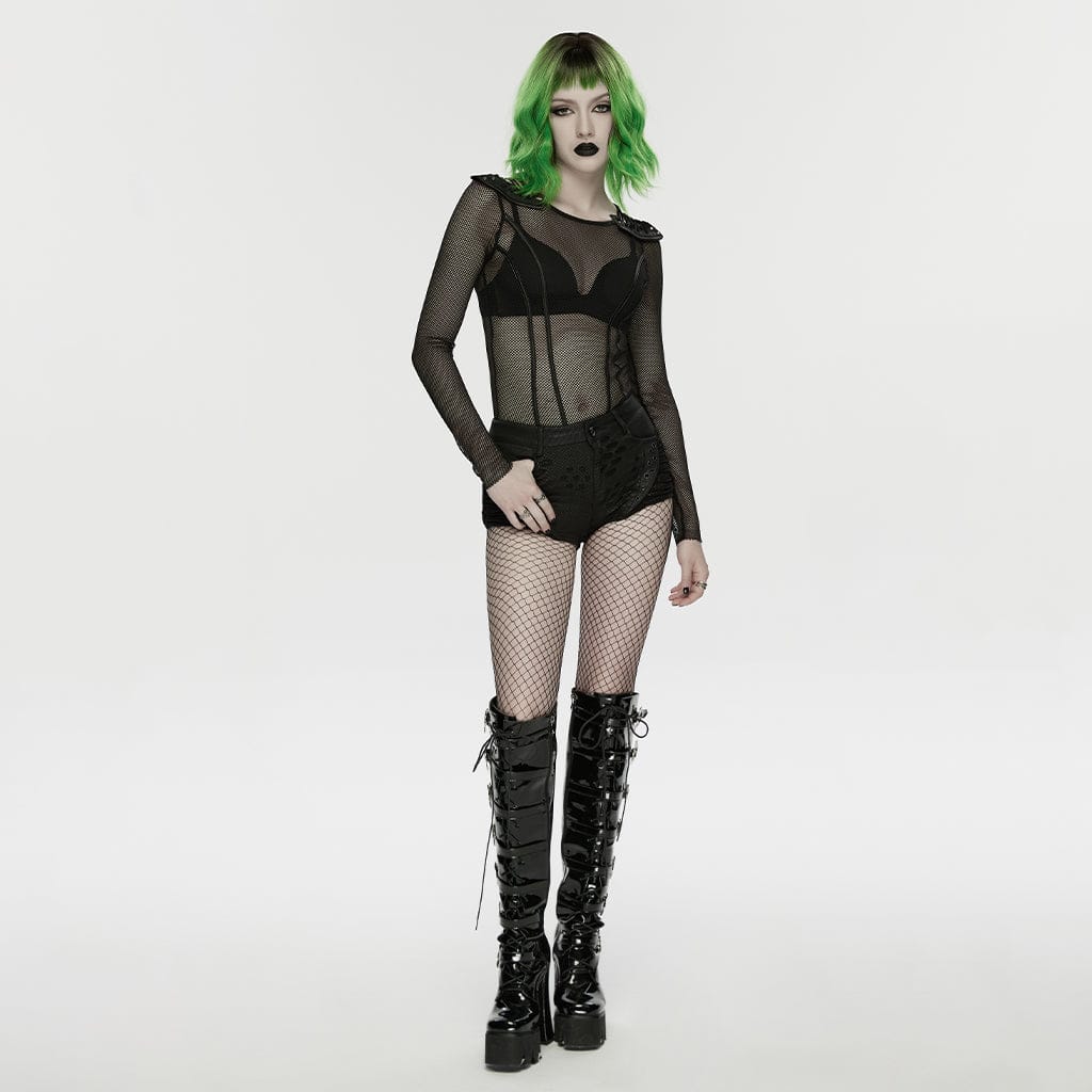 PUNK RAVE Women's Punk Eyelet Ripped Low Waist Shorts