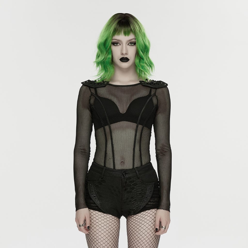 PUNK RAVE Women's Punk Eyelet Ripped Low Waist Shorts