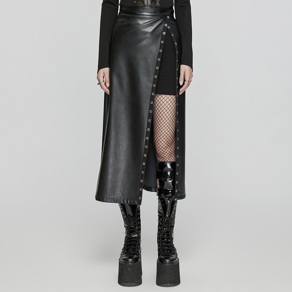 Women's Punk Eyelet Split Faux Leather Skirt – Punk Design