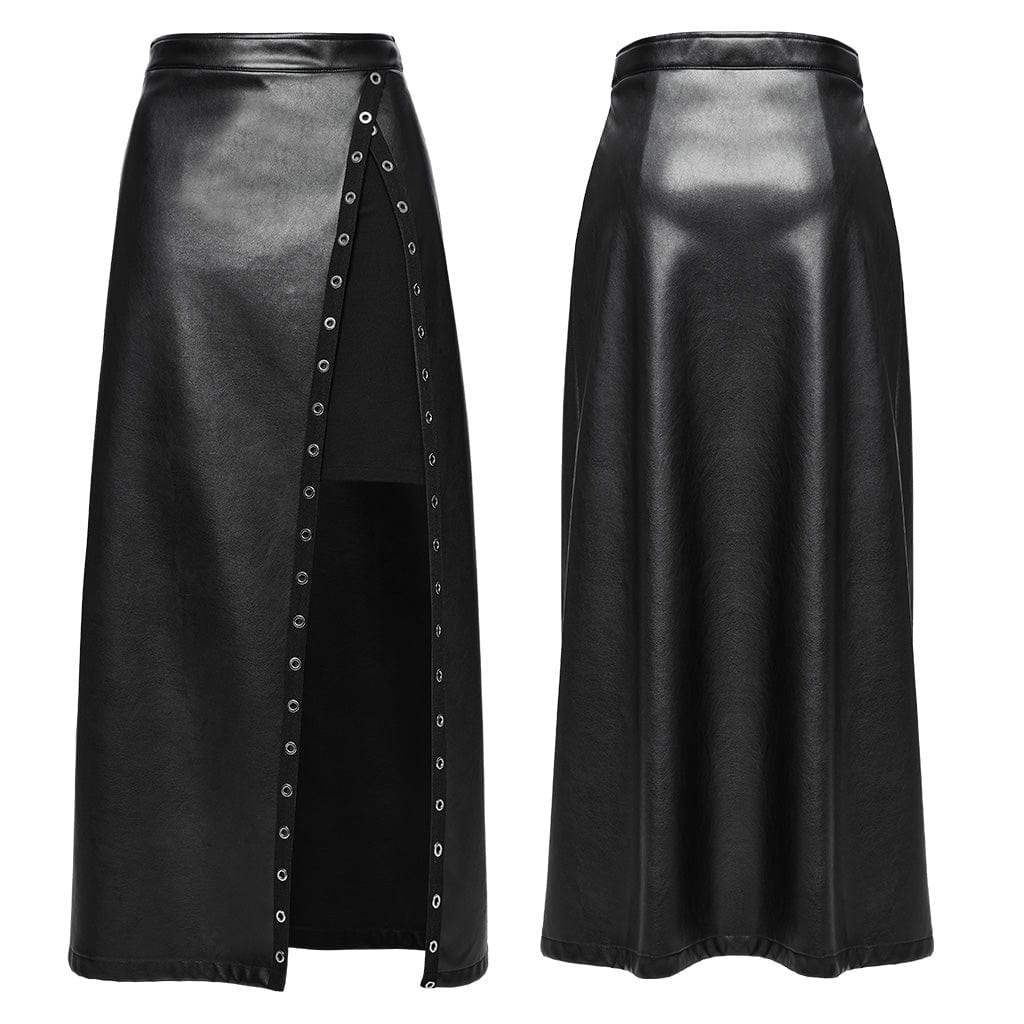 PUNK RAVE Women's Punk Eyelet Split Faux Leather Skirt