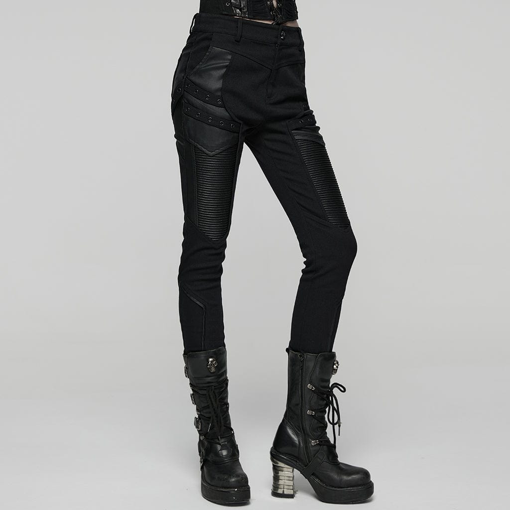 PUNK RAVE Women's Punk Eyelet Strap Faux Leather Splice Pants