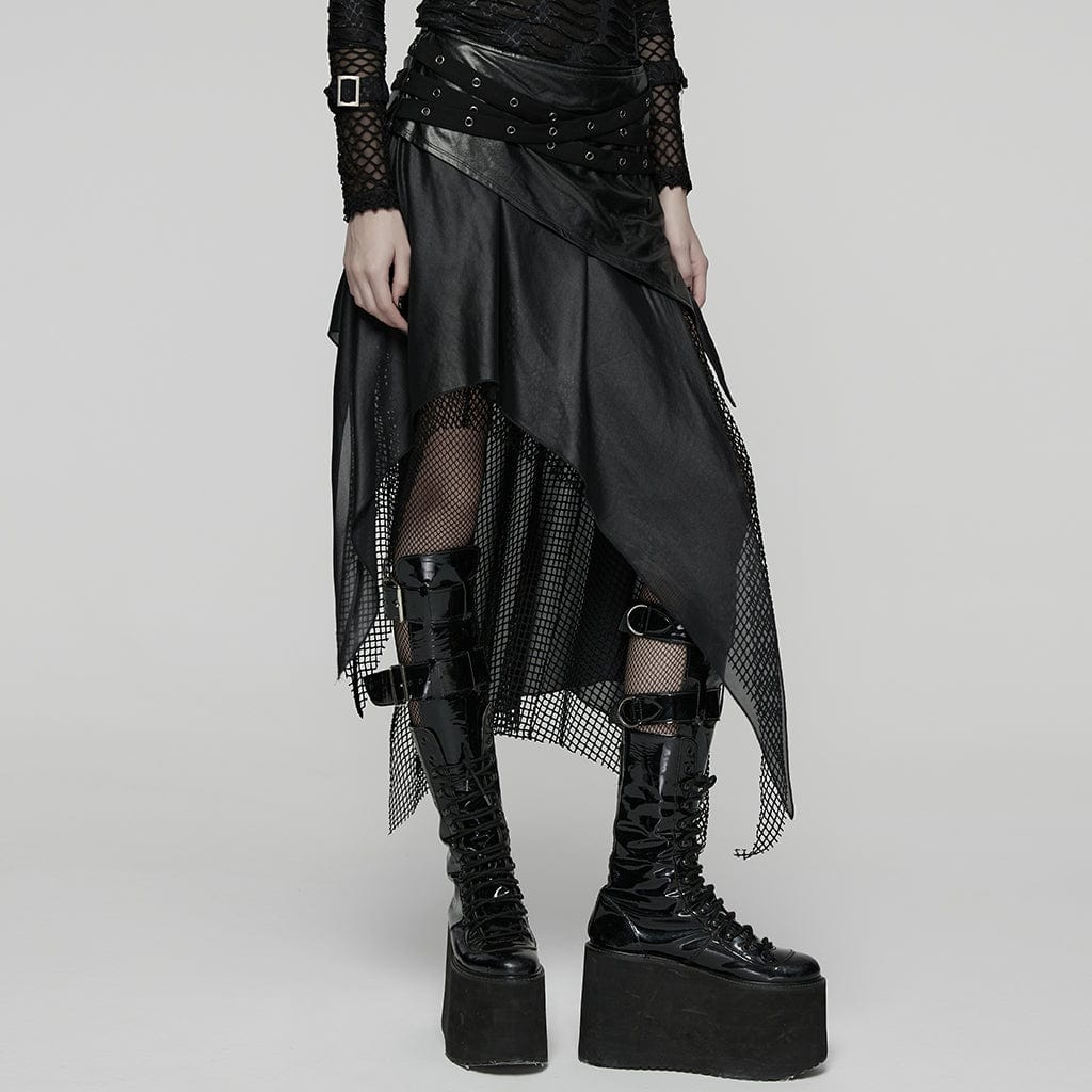 PUNK RAVE Women's Punk Eyelet Strap Irregular Wasteland Skirt