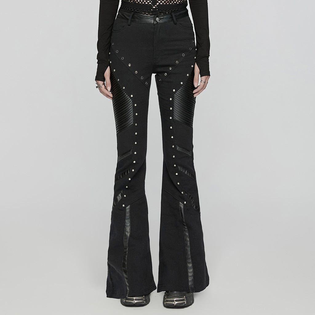 PUNK RAVE Women's Punk Eyelet Studded Flared Pants