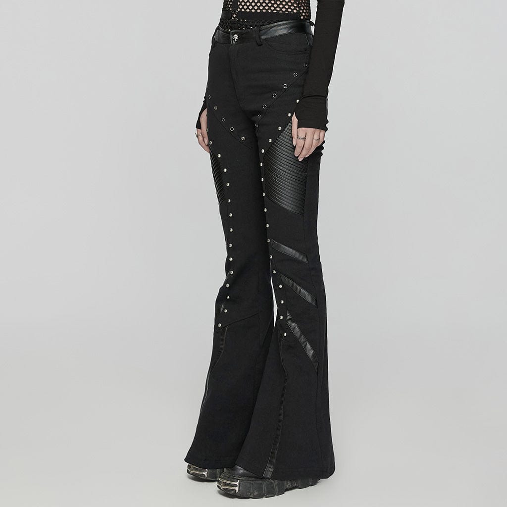 PUNK RAVE Women's Punk Eyelet Studded Flared Pants