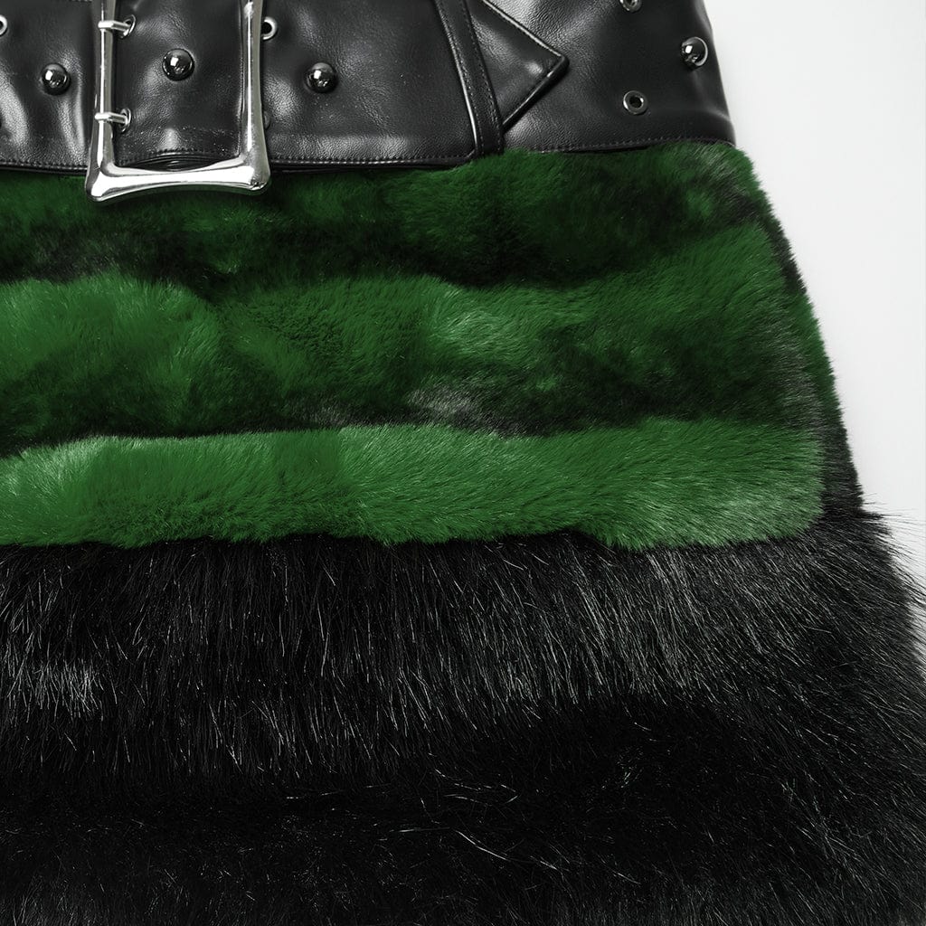 PUNK RAVE Women's Punk Faux Fur Skirt with Belt Green