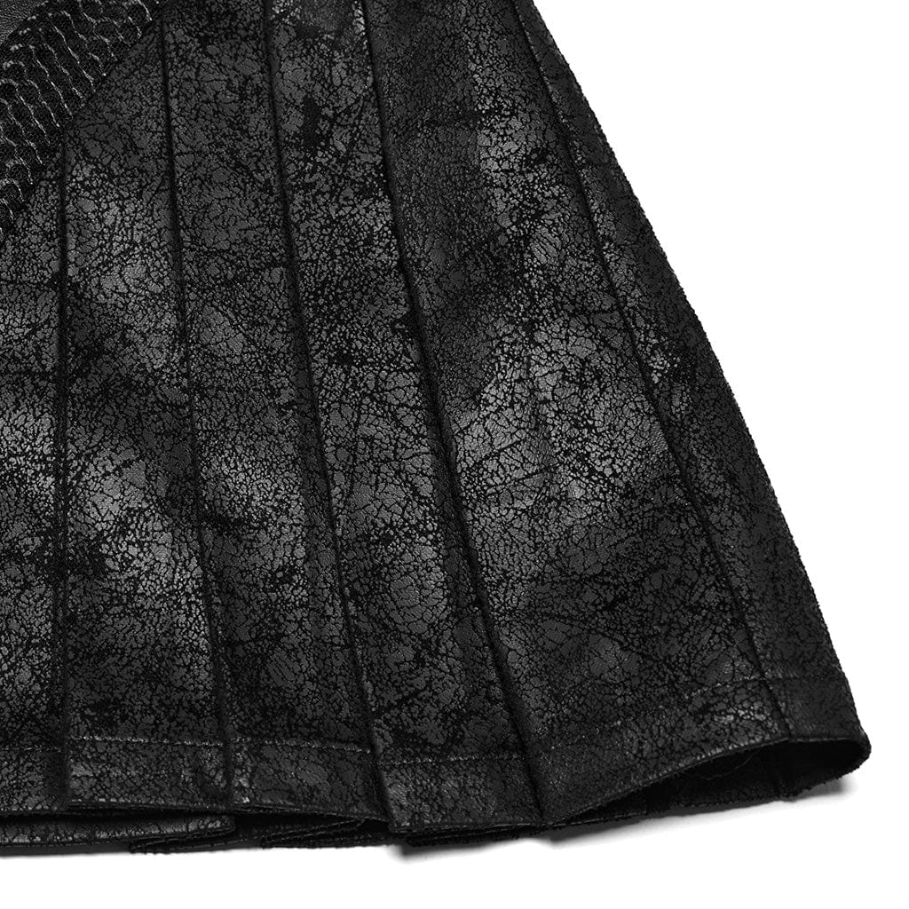 PUNK RAVE Women's Punk Faux Leather Splice Pleated Skirt