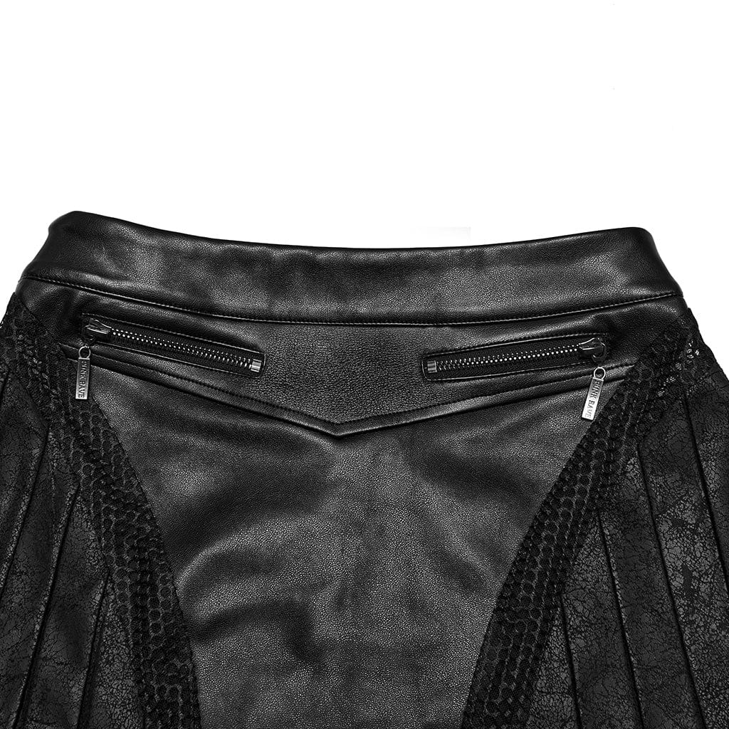 PUNK RAVE Women's Punk Faux Leather Splice Pleated Skirt