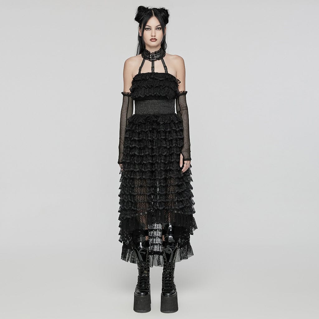 PUNK RAVE Women's Punk Halterneck Ruffled Lace Party Dress Black