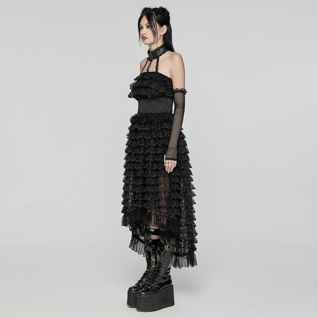 PUNK RAVE Women's Punk Halterneck Ruffled Lace Party Dress Black