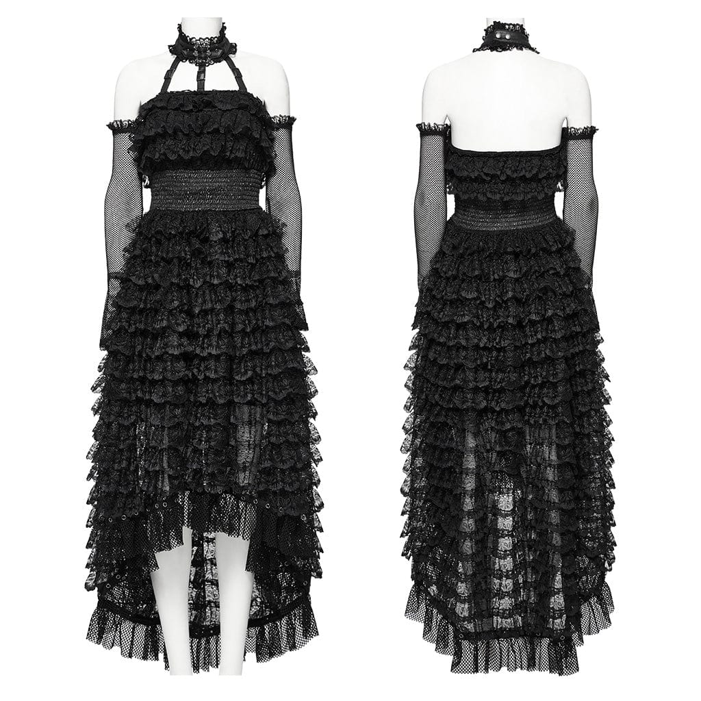 PUNK RAVE Women's Punk Halterneck Ruffled Lace Party Dress Black