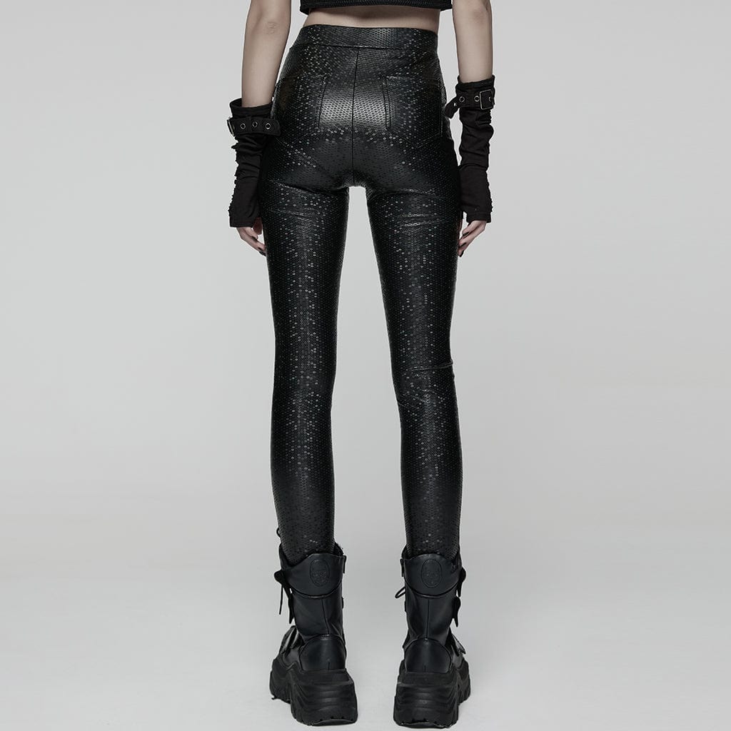 PUNK RAVE Women's Punk Honeycomb Strappy Faux Leather Leggings