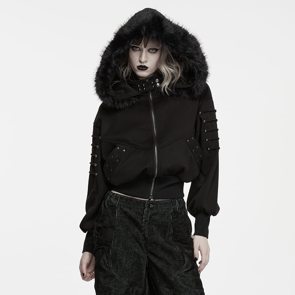 PUNK RAVE Women's Punk Hooded Detachable Faux Fur Trim Studded Jacket